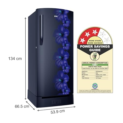 Image of IFB 187L 3 Star Direct-Cool Single Door Refrigerator (IFBDC-2133NBHED, Floral Falls Blue) Extraordinary Space with Base Drawer and Humidity Controller