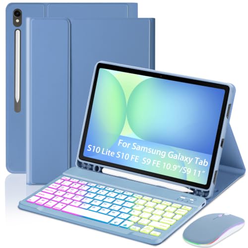 Image of EAMPANG Case with Keyboard Mouse for Samsung Galaxy Tab S10 Lite /S10 FE | 5G /S9 FE 10.9 Inch /S9 11 Inch,7 Color Rainbow Backlit Detachable USB-C Keypad Magnetic Cover with Pencil Holder Blue