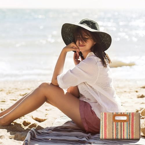 Image of Beach Clutch Bag Straw Summer Clutch Purses for Women Handmade Woven Purse Detachable Gold Chain, Crossbody