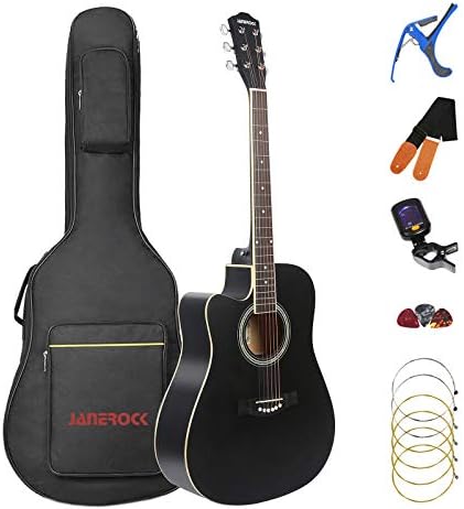 Left Handed Guitar,Left Handed Acoustic Guitar Cutaway 41 inch Full-size Beginner Guitar Package with Gig Bag Tuner String Strap Capo,Black By Janerock