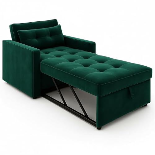 Image of FURNY Tressa 1 Seater Fabric Pull-Out Sofa Cum Bed (Greenish Teal) - Premium Velvet Finish - Durable Comfort Sofa Bed - Ideal for Living Room