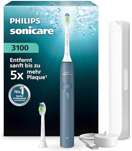 Philips Sonicare Series 3100 Elektrische Zahnbürste –Schallzahnbürste mit Drucksensor, 3 Intensitätsstufen, EasyStart, SmarTimer, 14 Tage Laufzeit, Reiseetui, Dunkelblau, HX4034/24