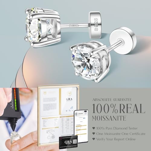 Moissanite Earrings, Hypoallergenic Flat Back Earrings for Women Men, Screw On Studs 925 Sterling Sliver Cartilage Earring for Sensitive Ears 4mm Short Post4