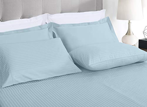 Image of Threadmill 100% Cotton Sheets for Full Size Bed - 600 Thread Count Full Bed Sheets Set with 16 inch Deep Pocket - Damask Stripe Sateen Weave 4-Piece Bedding Set with Cooling Effect, Blue