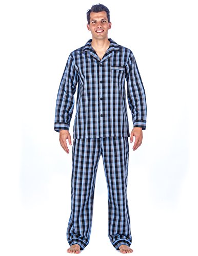 Mens 100% Cotton Woven Pajama Sleepwear Set - Plaid Blue/Grey - Medium