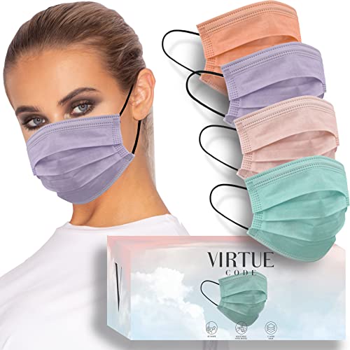 virtue code support face masks - soft 3 ply comfort colorful disposable 50 pack pastel colored for adults men and women