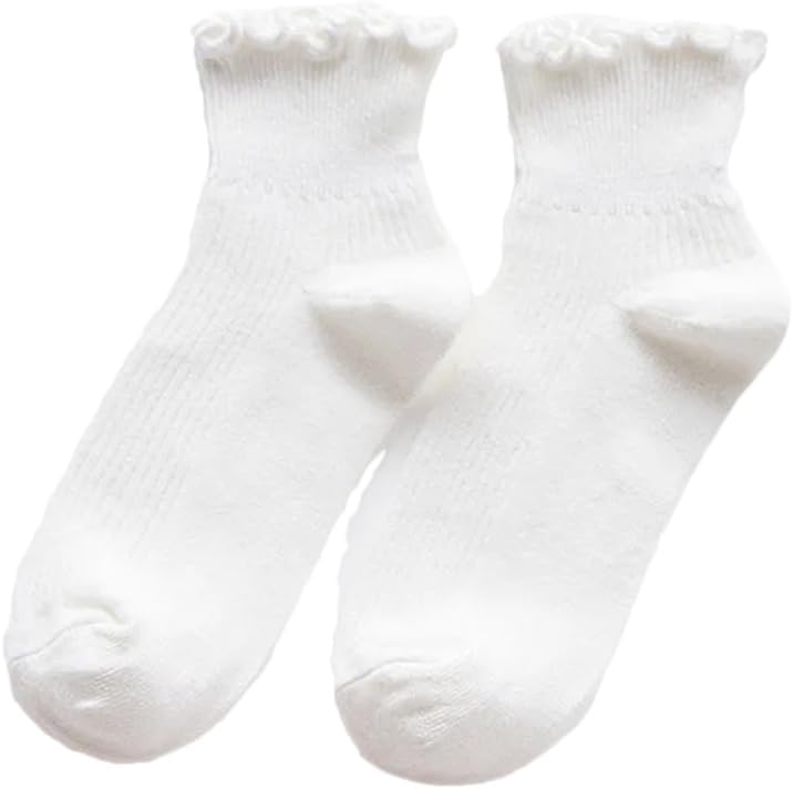 keusyoi 5 Pairs Women Short Ruffle Socks Girls Ankle Socks Solid Color Casual Thin Breathable Japanese Style Cotton Socks