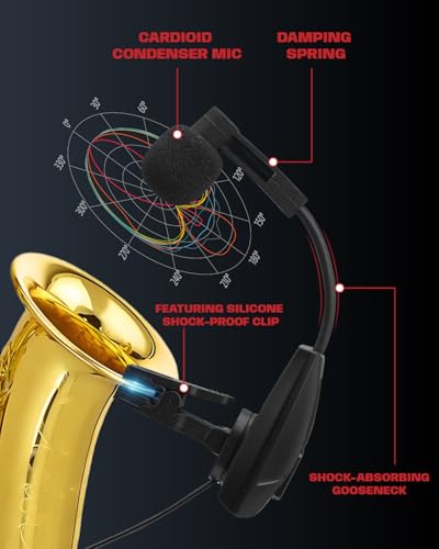 Image of Saxophone Microphone, UHF Rechargeable Wireless Instruments Microphone System with Transmitter and Receiver 196ft Range, Clip on Condenser Mic for Trumpet, Trombone, Saxofon, Most Brass Instruments