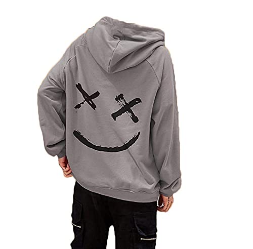 Mens Boys Fashion Hooded Jerseys Long Sleeve Contrast Color Smile Hip-Hop Sweatshirt Hoodies (3XL, Gray)