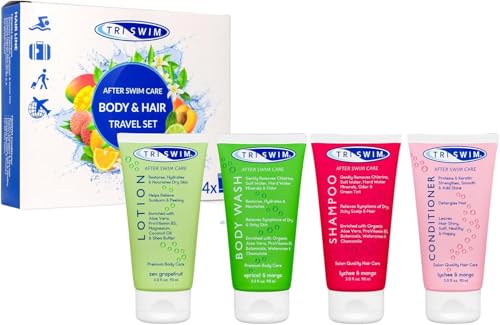 TRISWIM - Conjunto de viagem após a natação, eliminação de cloro, champô anticloro, gel de banho, condicionador hidratante de cabelo, loção corporal regeneradora para nadadores, 4 x 90 ml