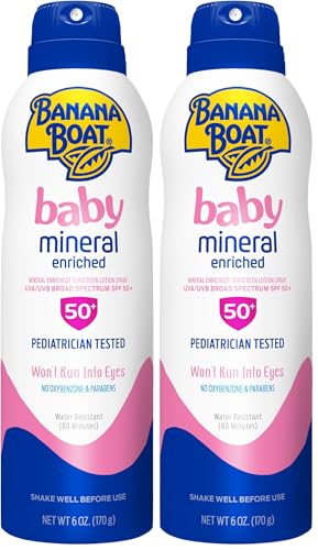Image of Banana Boat Baby Mineral Enriched Sunscreen, Won't Run Into Eyes, Broad Spectrum Sunscreen Lotion Spray, SPF 50, 6oz. (Pack of 2)