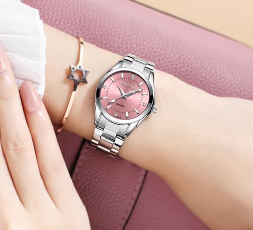 JOATVEE Relojes Pareja Hombre y Mujer Plata Impermeable Reloj de Acero Inoxidable Moda Suo y Sus Relojes de Pulsera de Cuarzo Regalos, Women-Pink, Pulsera - imagen 3