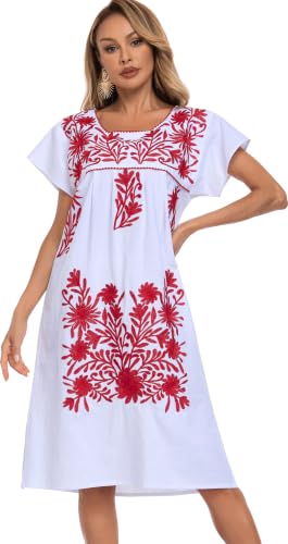 Image of YZXDORWJ Women Mexican Embroidered Long Dress Ruffle Collar Maxi Boho Floral Summer Short Sleeve