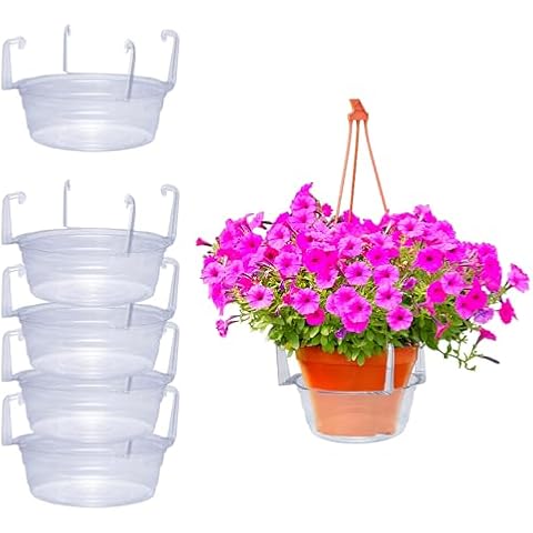 Curtis Wagner Plastics Hanging Basket Drip Pans (5-Pack) | Clear, Round (Diameter = 9" Base, 12" Top, 3.75" Depth) Hanging Plant Tray Saucer with Built-in Hooks & Water Catcher for Indoor & Outdoor Cover