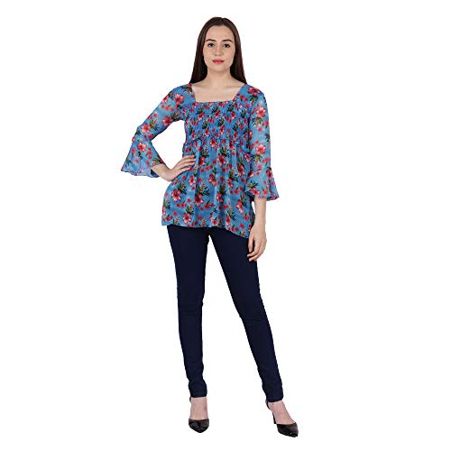 Image of POPWINGS Printed Chiffon Peplum Tops for Women || 3 /4th Sleeves Square Neck Women Tops for Summer || Stylish Western Smocking Women Tops