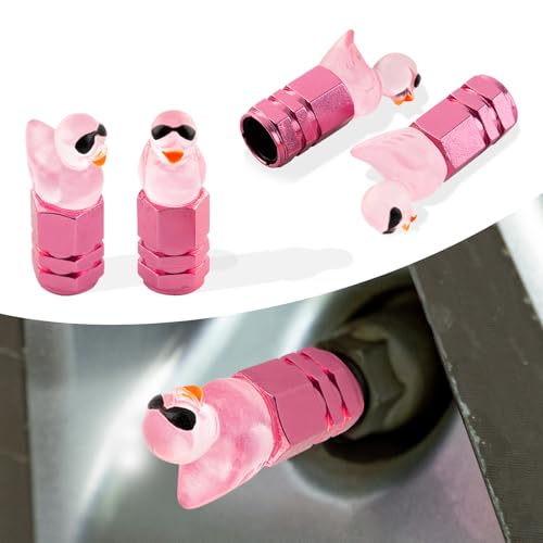4Pcs Duck Tire Valve Caps, Funny Sunglasses Duck Valve Stem Caps Covers for Wheels, Decorative Cute Tire Valve Caps for Car Accessories (Hexagon Duck Pink)