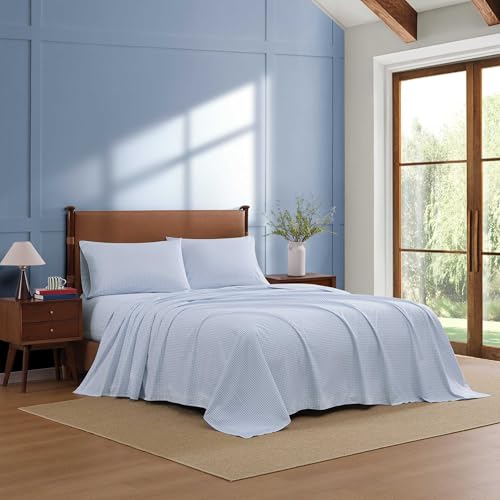 Image of Tommy Hilfiger - King Size Sheet Set, Crisp & Tailored Cooling Sheets with a Smooth Cotton Percale Lightweight Feel - Bed Sheets with Matching Pillowcases & Fitted Sheet (Gardena Check Blue)