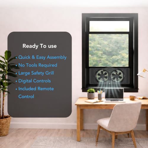 Image of Comfort Zone Window Fan for Bedroom, 23-Speed Dual Fans with Self-Locking Expanders, 3 Modes (Cool, Circular, Exhaust), Remote Control, Fabric Cover and