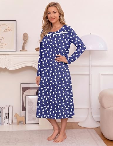 Image of Bloggerlove Nightgowns for Women Soft 100% Cotton House Dress Short /Long Sleeve Night Gowns Comfy Sleepwear S-3XL