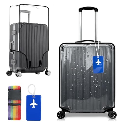 Nasxkji Transparente Koffer Schutzhülle 18 Zoll PVC Kofferschutzhülle Schwarzer Rand Kofferhülle Wasserdicht Staubdicht Kratzfest mit Gurt und Flugzeug-Anhänger für Reisen Versand