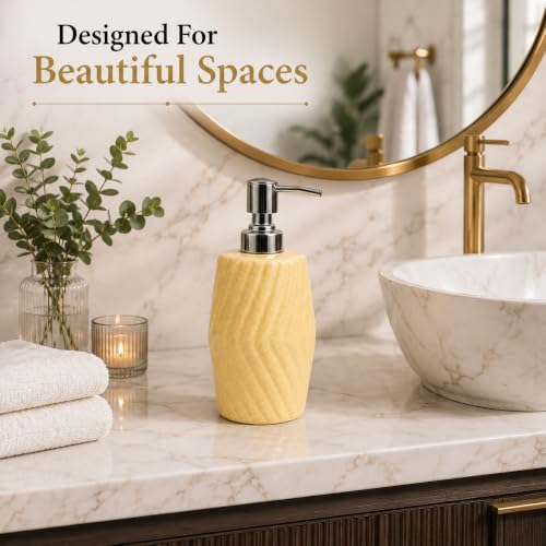 Image of Quace Ceramic Soap Dispenser for Bathroom & Kitchen Sink | Beige Liquid Soap Dispenser with Rust-Resistant Pump | Refillable Hand Wash Dispenser for Wash Basin, Vanity Counter & Home Decor