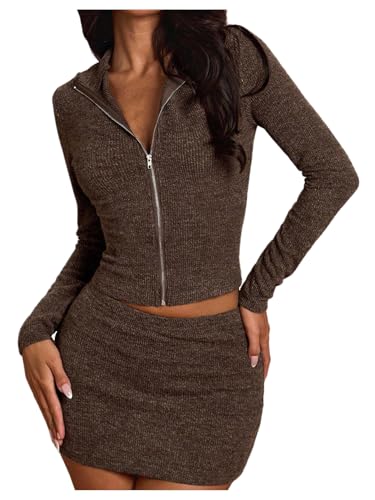 Milumia Women's 2 Piece Outfits Long Sleeve Zipper Cropped Hoodie