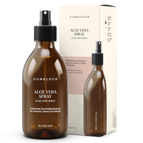 JUNGLÜCK Aloe Vera Spray 250ml - Vegan | BIO Aloe Vera - Natürliche After Sun Pflege | Kühlende Erfrischung und wertvolle Feuchtigkeit, beruhigt die Haut bei Sonnenbrand - für Gesicht, Haare & Körper