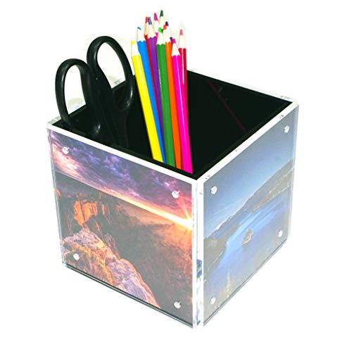 HESIN 4-side Acrylic Photo Block Cube Tabletop Pen holder Desktop Storage Organizer for Office, Classroom, Home, Kids , Picture Frame for 5