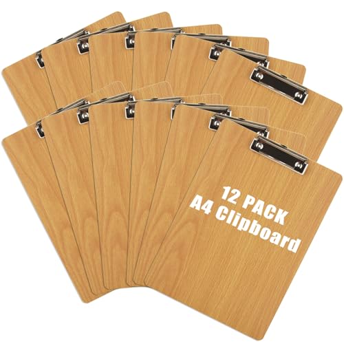 MUXHEL 12PCS Wooden Clipboard A4, 4mm Thick Clipboard A4 with Clip & Concealed Hanging Hole, Durable Clip Boards A4 Clipboard Hardboard Clipboard for Office & School