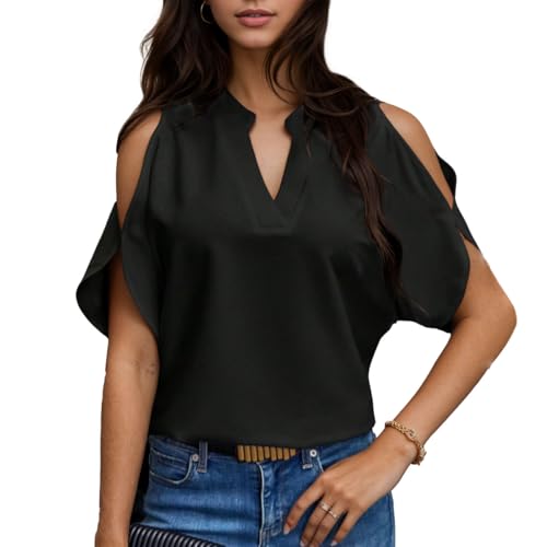 EMOTTOS Damen V-Ausschnitt T-Shirt, Sexy Batwing Ärmel Shirt, Elegantes Trägerloses Top Mode Party Clubbing Sommerkleidung für Frauen, Schwarz, XL