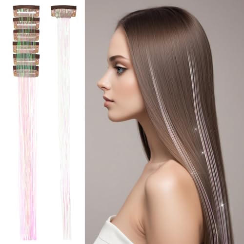 6 Pieces Shell Pink Glitter Hair Tinsel Clip in Extensions 20.5 Inch Shimmer Fairy Hair Accessories(Shell Pink)