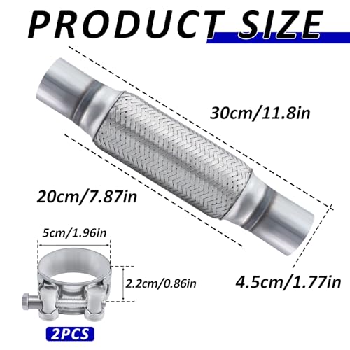 Flexrohr Auspuff 45 x 200 x 300 mm Universal Flexrohr Reparaturrohr Hosenrohr Auspuff Flexibles Rohr Wellrohr mit 2 Edelstahlklammern