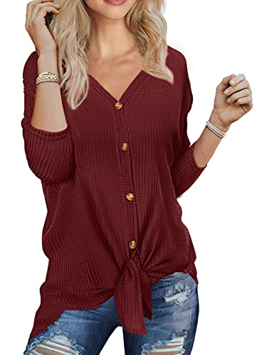 Niwicee Mujer Blusas Tops de Manga Larga Waffle de Punto Camisa Túnica Camisetas Nudo de Corbata de Botón V Cuello Henley Shirt Pullover T-Shirt para Damas(Vino Rojo,S) Cover