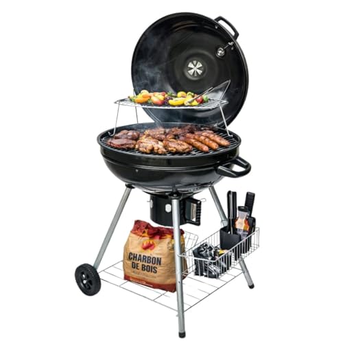 Intec – Barbacoa de carbón de madera Ø54 cm doble rejilla para hornear y tapa con termostato para cenizas, barbacoa sobre ruedas con almacenamiento para cocina exterior y jardín