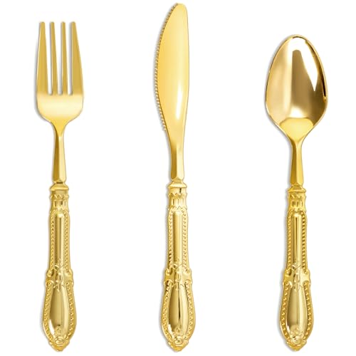 Nervure 90PCS Gold Plastic Silverware - Heavy Duty Disposable Cutlery Set Luxury Gold Plastic Utensils include 30 Pieces of Forks Spoons Knives. Perfect for Wedding Party Daily Use