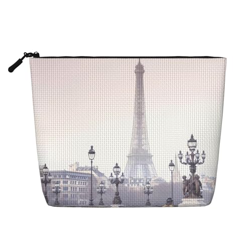 Large Capacity Eiffel Tower Printed Single-Layer Faux Linen Cosmetic Bag Personal Care Organizer Suitable for Various Occasions