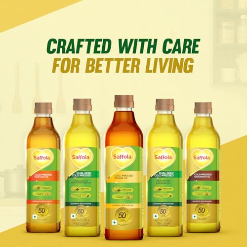 Image of Saffola Cold Pressed Sesame Oil | 100% Cold Pressed Sesame Seed Oil | Unrefined, 0 trans fat, Chemical free | Helps Lower Cholesterol, Goodness of Omega 6 & Authentic Seed Flavour | 1L Pet Bottle