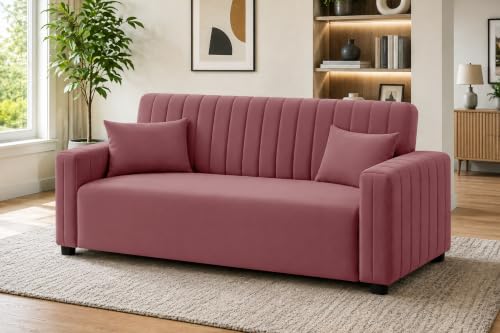 Image of Modern 3 Seater Sofa | Vertical Channel Tufted Backrest & Armrests | Plush Cushioned Seating | Contemporary Upholstered Couch for Living Room, Bedroom & Office - Rose Pink Color