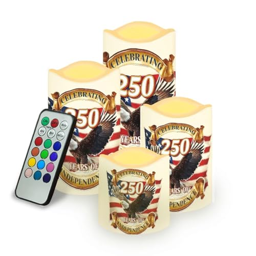 Image of Bald Eagle White Candles Celebrating American 250th Anniversary Battery Led Lights with Timer Patriotic Remote Control Candle for Independence Day Holiday Decorations, 4 Pack
