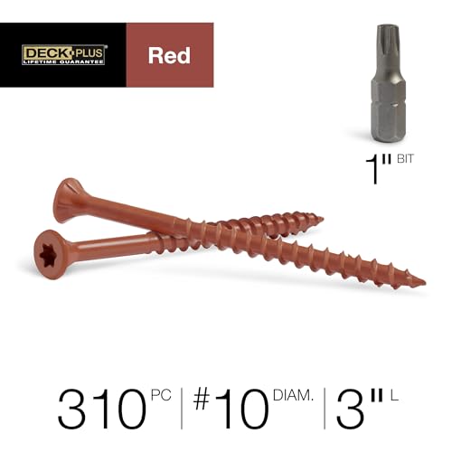 Image of Deck Plus 3 Inch Epoxy Coated Exterior Wood and Fence Screws #10 x 3 Torx /Star Drive Included Coarse Thread, Outdoor Rust Resistant Decking Screw, Red, 5lb Box, 62 Pieces | 48433