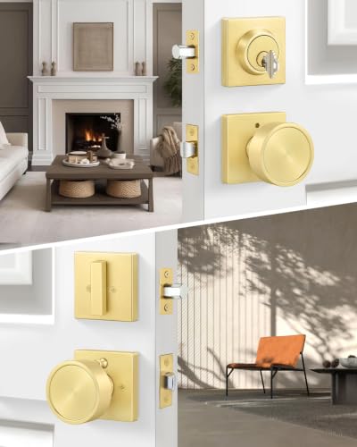 Image of Goldenwarm Gold Door Lock Set with Deadbolt, Brushed Gold Privacy Door Knob and Deadbolt Set, Zinc Alloy Exterior Door Knobs, 2 Pack