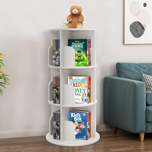 Image of Sprinta Rotating Kids Bookshelf – 3-Tier 360° Spinning Bookcase Tower, Solid Pine Wood, 12 Cubbies, Toddler Bookshelf Organizer & Lazy-Susan Storage for Nursery, Classroom or Playroom (White Finish)