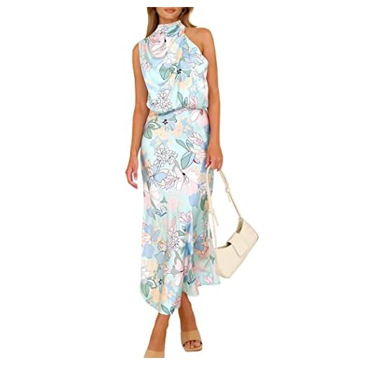 PRETTYGARDEN Women's 2025 Summer Satin Dress Elegant Sleeveless Mock Neck Cocktail Party Maxi Dresses (Print Blue,Medium)