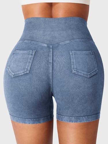 YEOREO Impact Biker Shorts for Women with Pockets Bridgie Cargo High Waist Seamless Faux Denim Workout Gym Shorts3