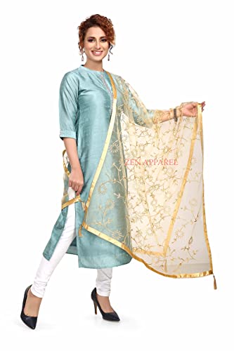 Image of ZEN APPAREL Women's Embroidered Net Dupatta with Lace Borders (Z-101) Premium Net Fabric Golden Aari Work