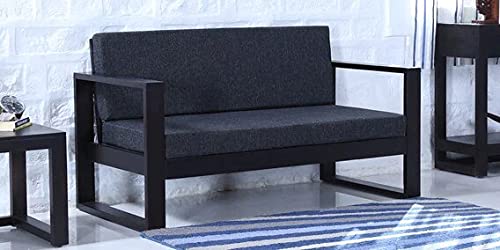 Image of DIA Chitra Furniture Solid Wood Three Seater Sofa for Living Room | Finish - Walnut Finish | Cushion - Blue |