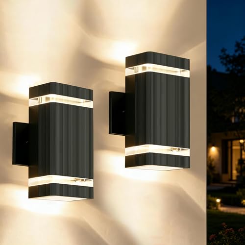 Image of JYV 2 Pack Outdoor Wall Lights, Square Up and Down Porch Lights, Black | Waterproof Exterior Lighting Fixtures, 2x7W 3000K Bulbs, Outdoor Lights for House Porch Garage Patio