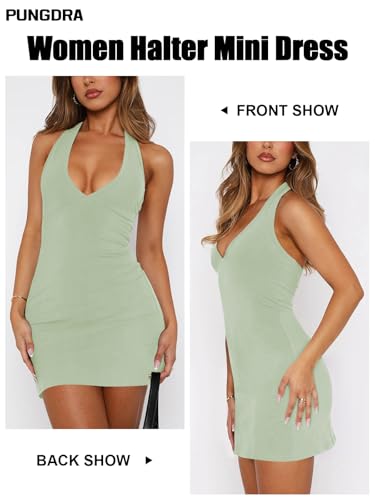 Image of Women's Sexy Halter V Neck Mini Dress for Women Summer Slim Fit Going Out Club Party Bodycon Short Dresses