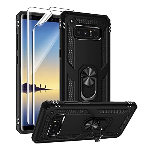 Androgate for Samsung Galaxy Note 8 Case with 3D PET Screen Protectors, Military-Grade Metal Ring Holder Kickstand 15ft Drop Tested Shockproof Cover Case for Samsung Galaxy Note 8 Black