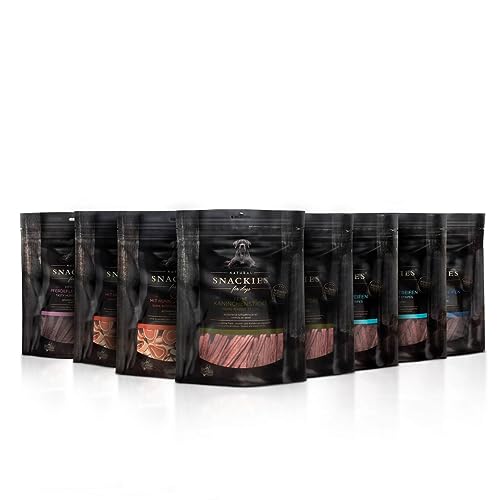 SNACKIES Vorteils-Set Best of 8+1 Pack (à 170/180g) Premium Snacks für Hunde ohne Zusatz von Getreide, Zucker, Farb-, Aroma- und Konservierungsstoffe, schonend luftgetrocknete Leckerli